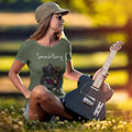 smashharry womens organic khaki crew neck t-shirt with guitar and white logo