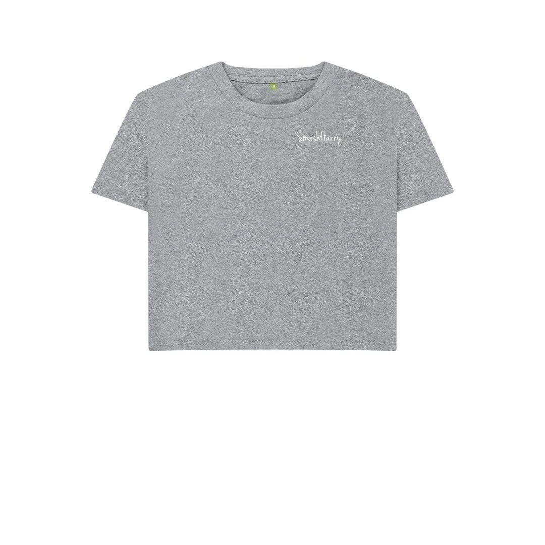 smashharry women organic athletic grey boxy t-shirt with small white logo