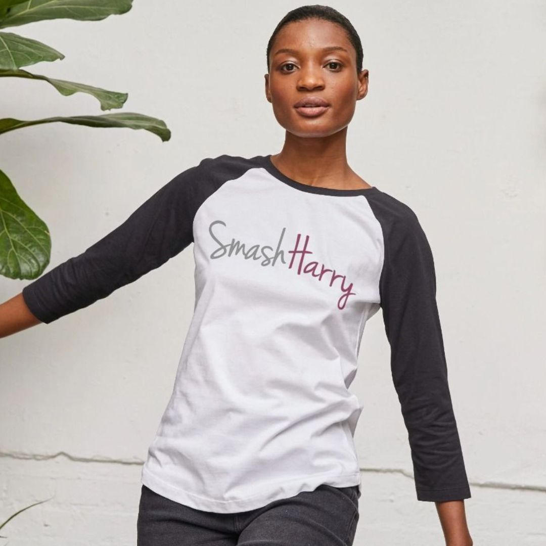 smashharry womens organic baseball t-shirt with a large logo image