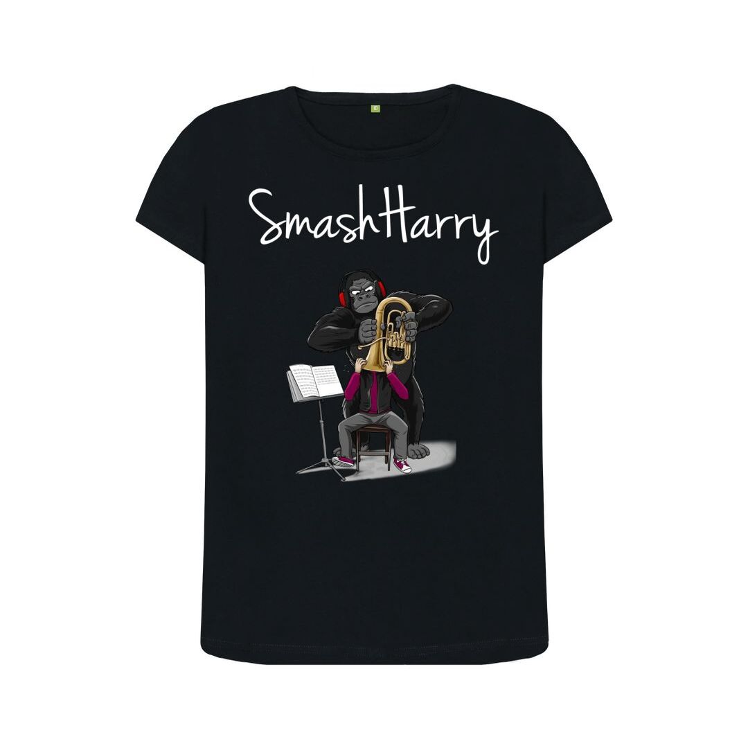 smashharry women's organic black crew neck t-shirt with brass image and white logo