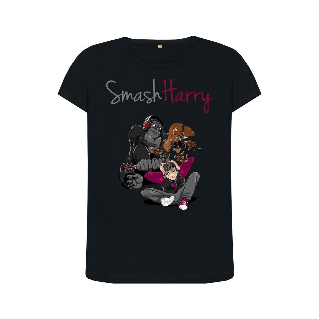 smashharry womens organic black crew neck t-shirt with guitar image