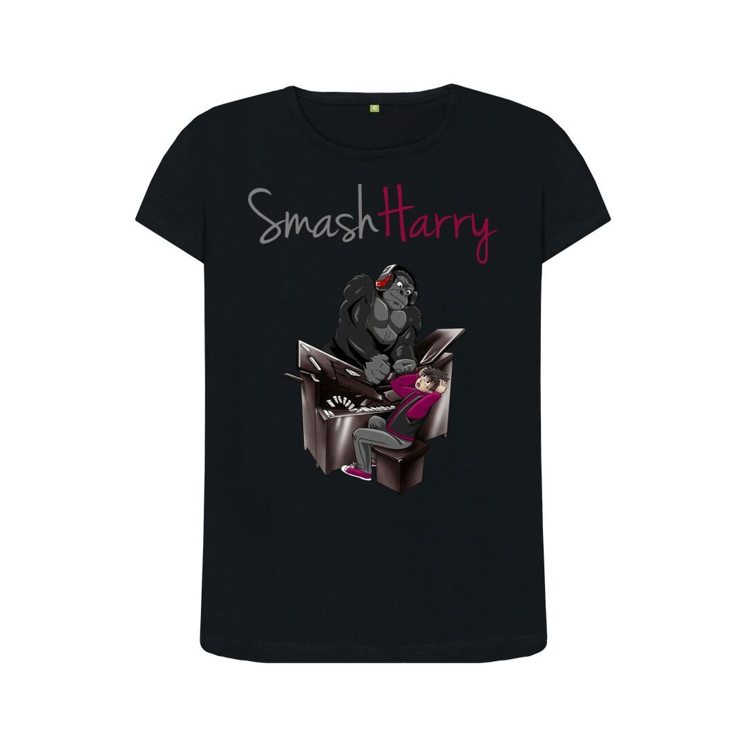 smashharry womens organic black crew neck t-shirt with a piano image