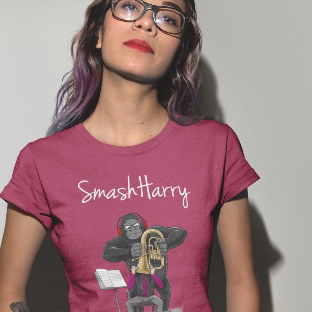 smashharry women's organic cherry crew neck t-shirt with brass image and white logo