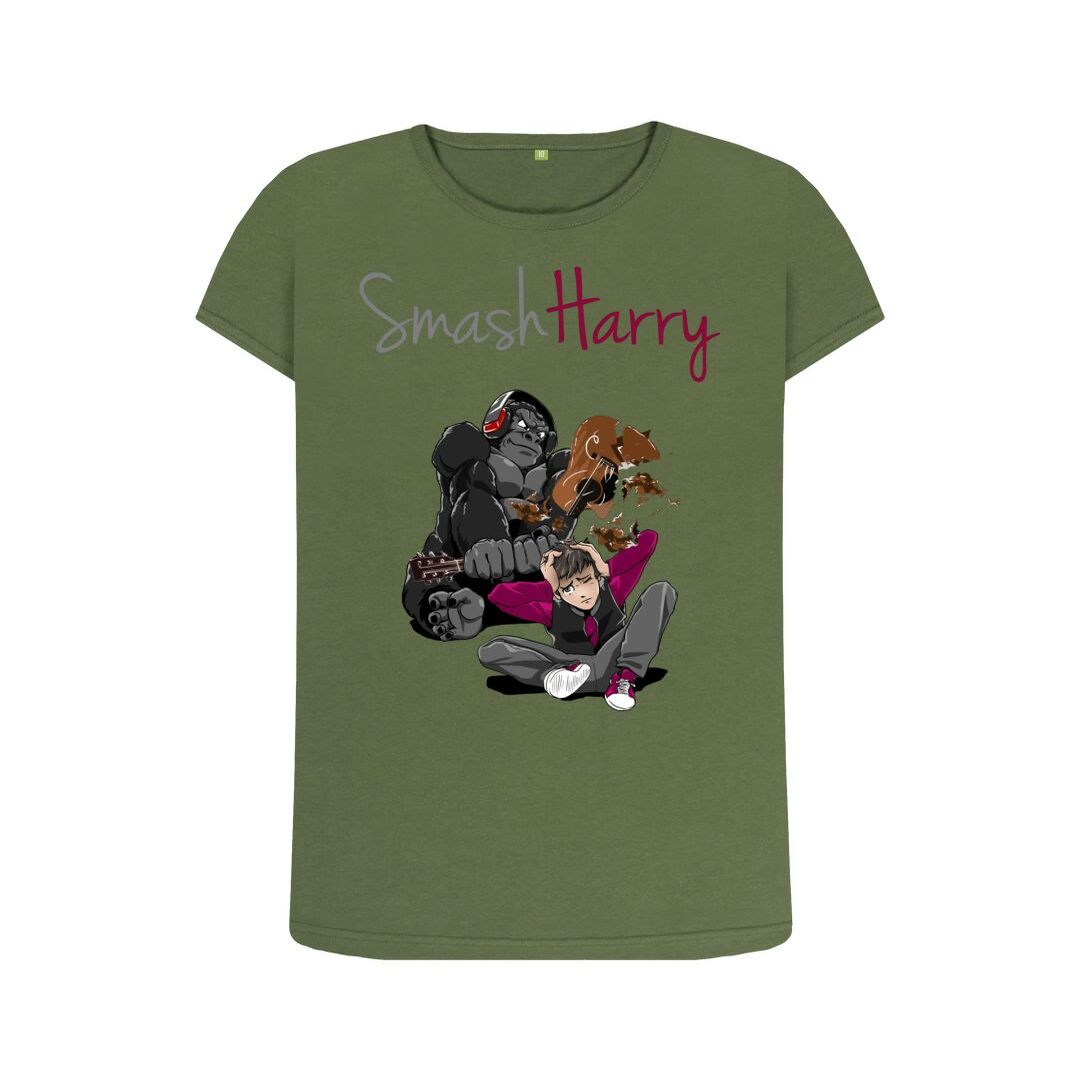 smashharry womens organic khaki crew neck t-shirt with guitar image