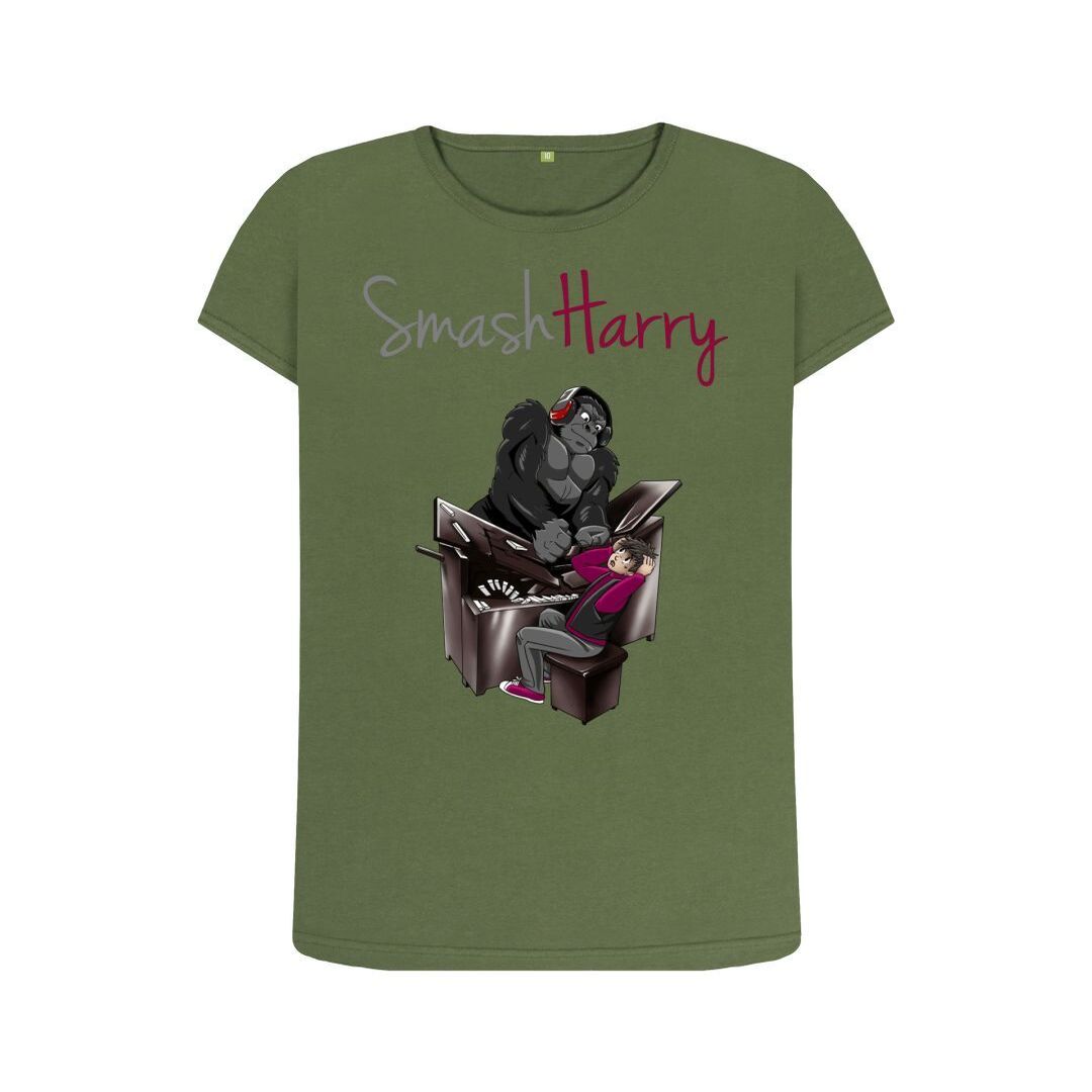 smashharry womens organic khaki crew neck t-shirt with a piano image