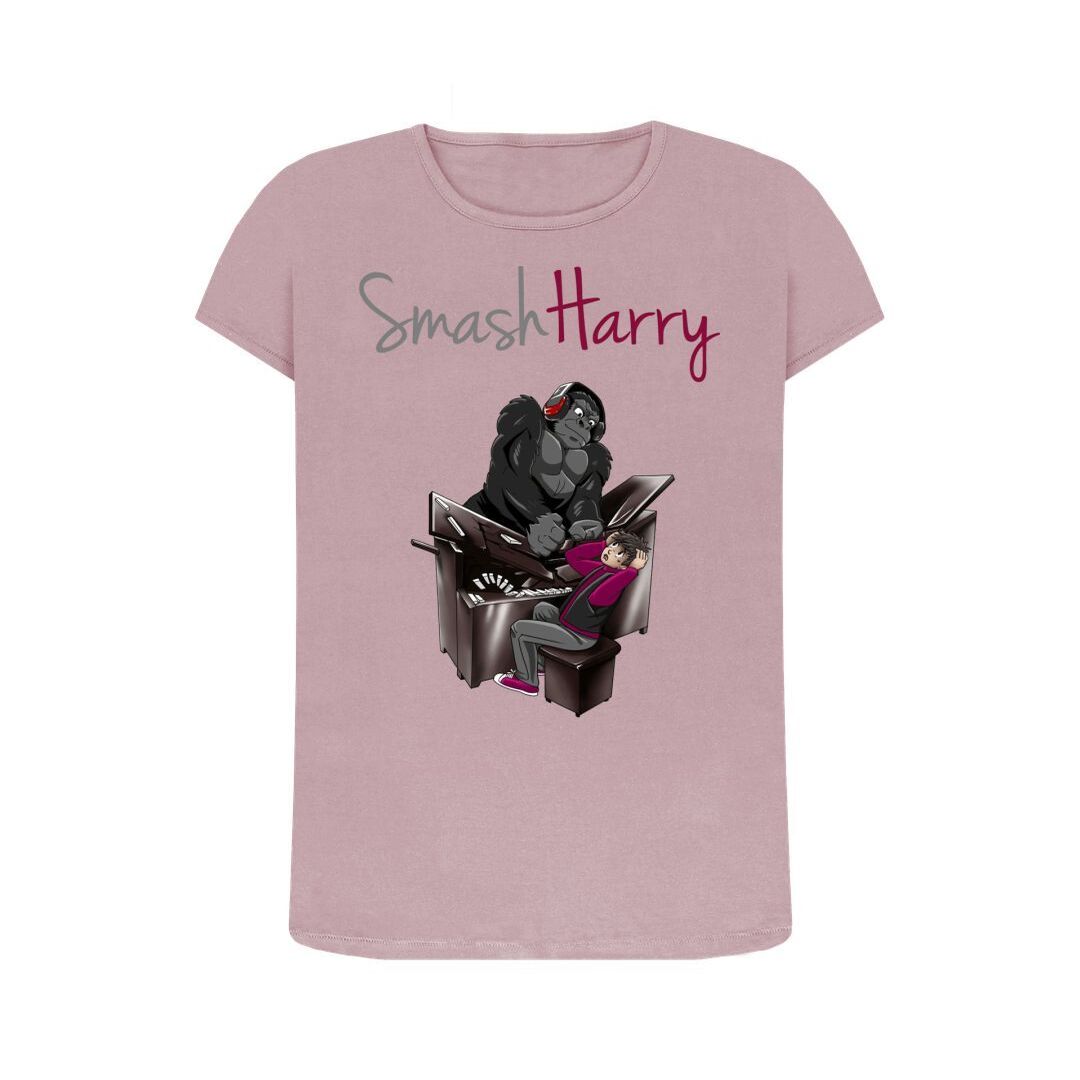 smashharry womens organic mauve crew neck t-shirt with a piano image