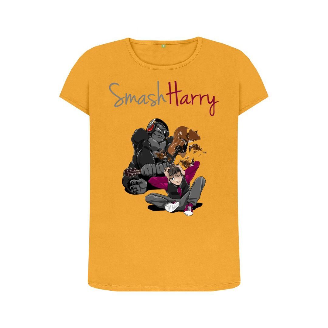 smashharry womens organic mustard crew neck t-shirt with guitar image