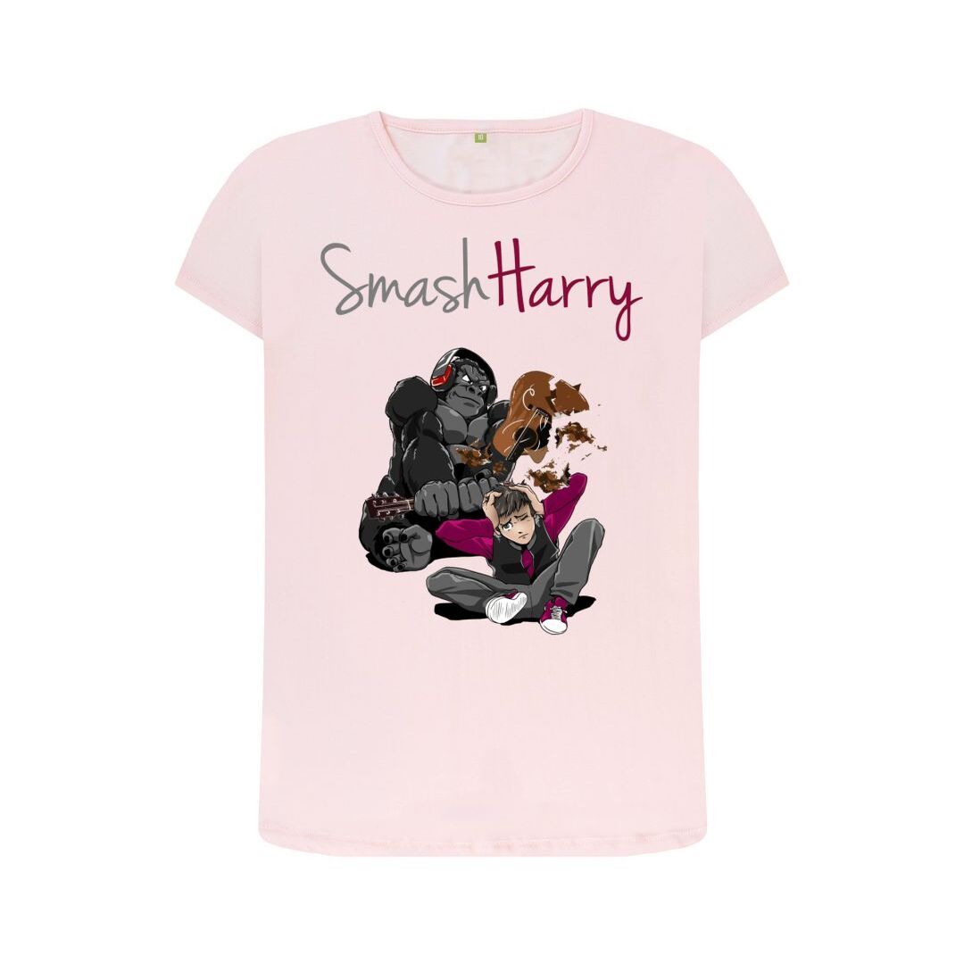 smashharry womens organic pink crew neck t-shirt with guitar image