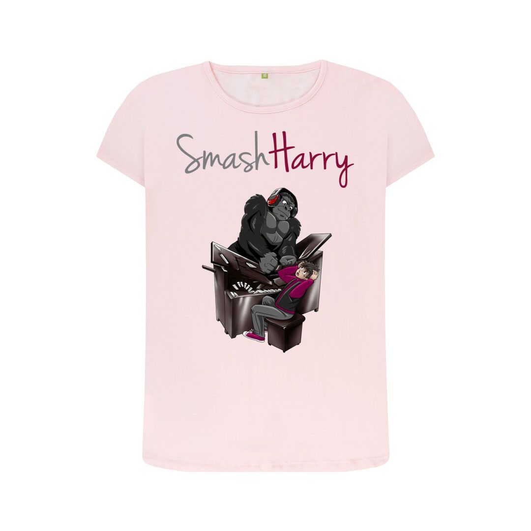 smashharry womens organic pink crew neck t-shirt with a piano image