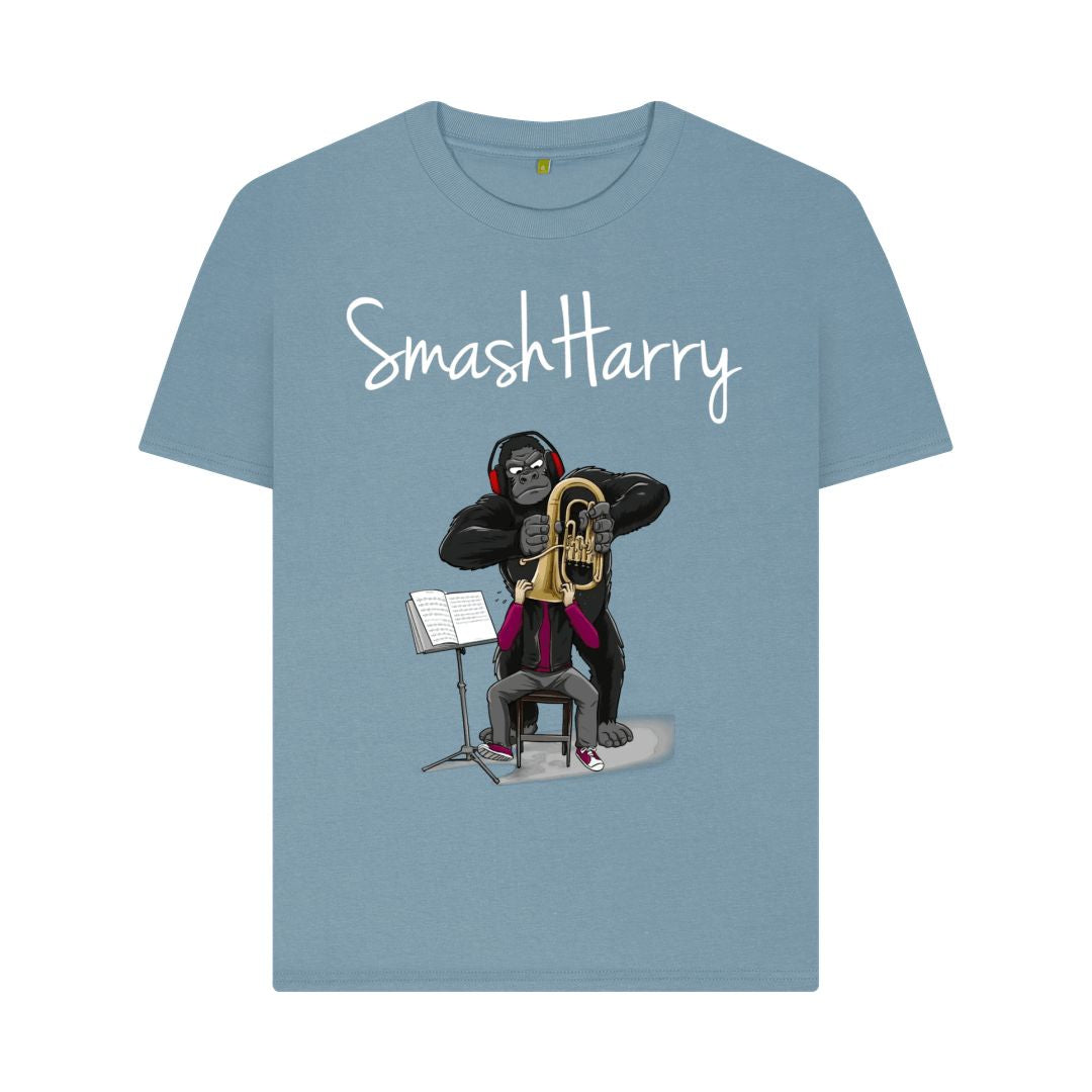 smashharry women's organic stone blue plain t-shirt with brass image and white logo