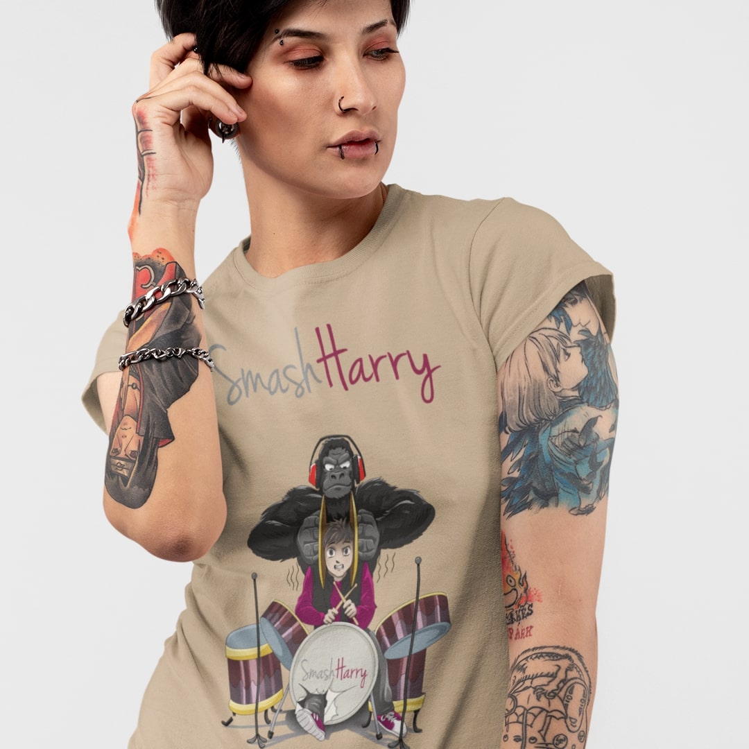 smashharry womens organic plain sand t-shirt with drums image