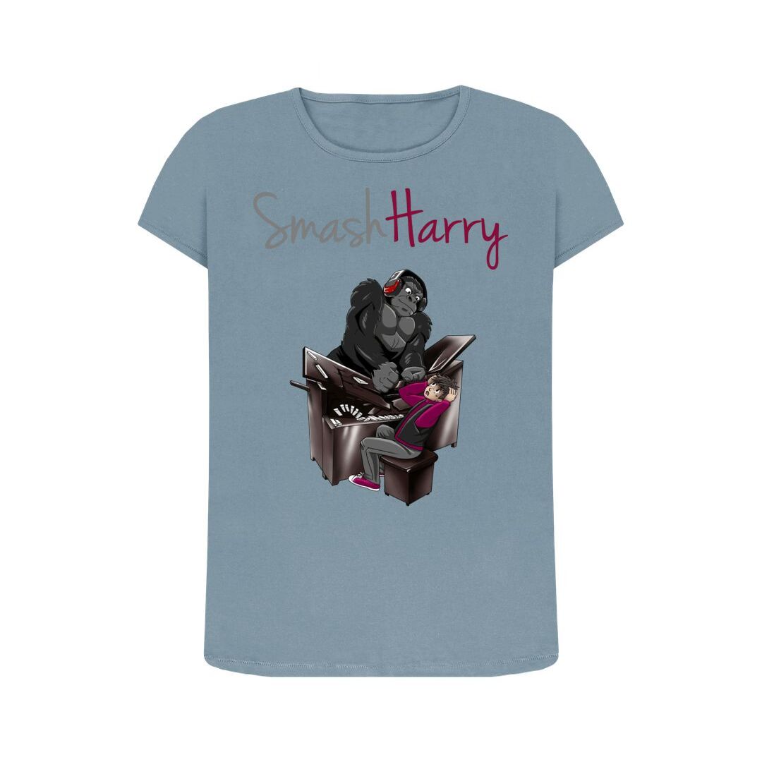 smashharry womens organic stone blue crew neck t-shirt with a piano image