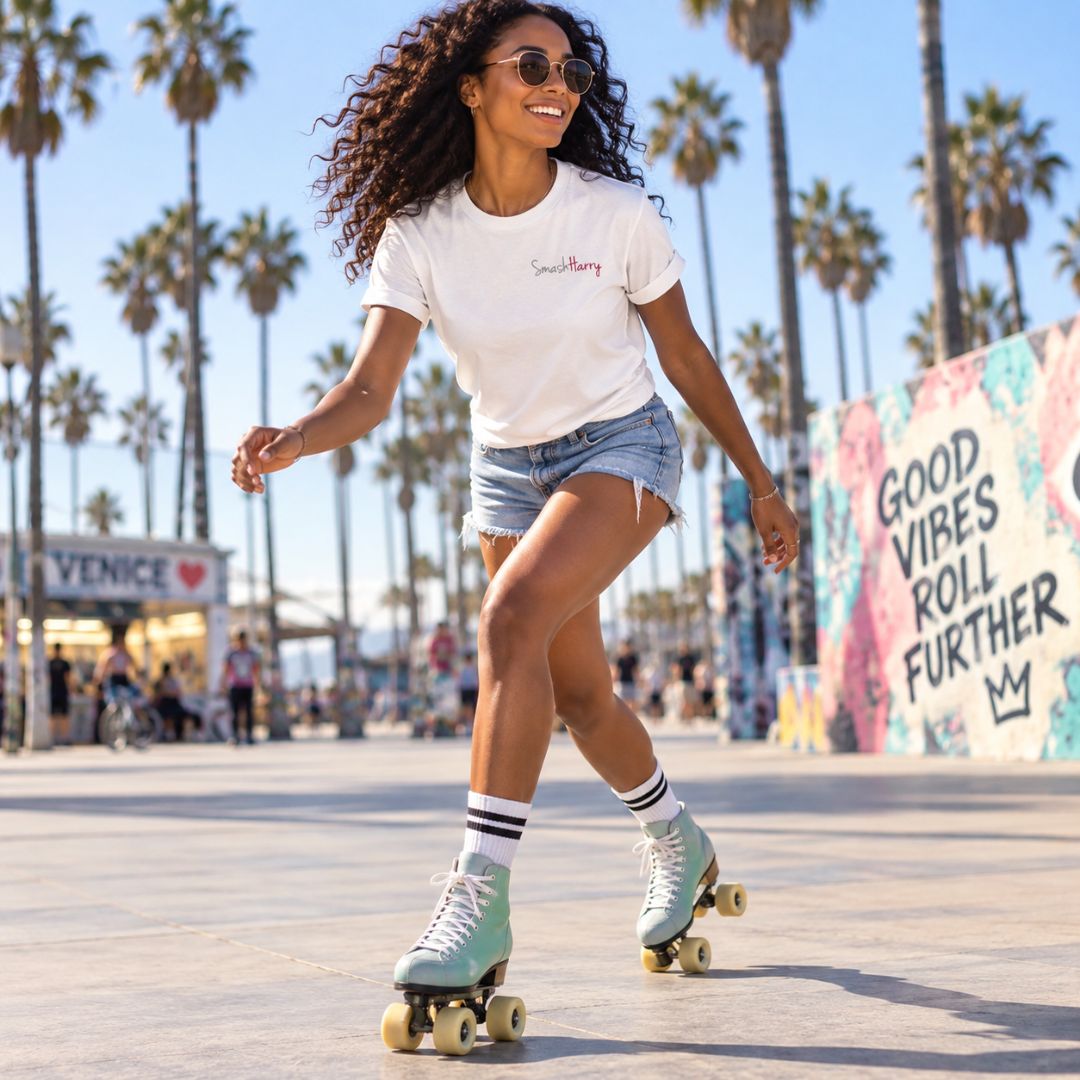 A woman roller skating outdoors on a sunny day, wearing a white t-shirt with 'SmallBitch' printed on the chest, denim shorts, mint green roller skates, and sunglasses. Palm trees and a colorful boardwalk sign are visible in the background.
