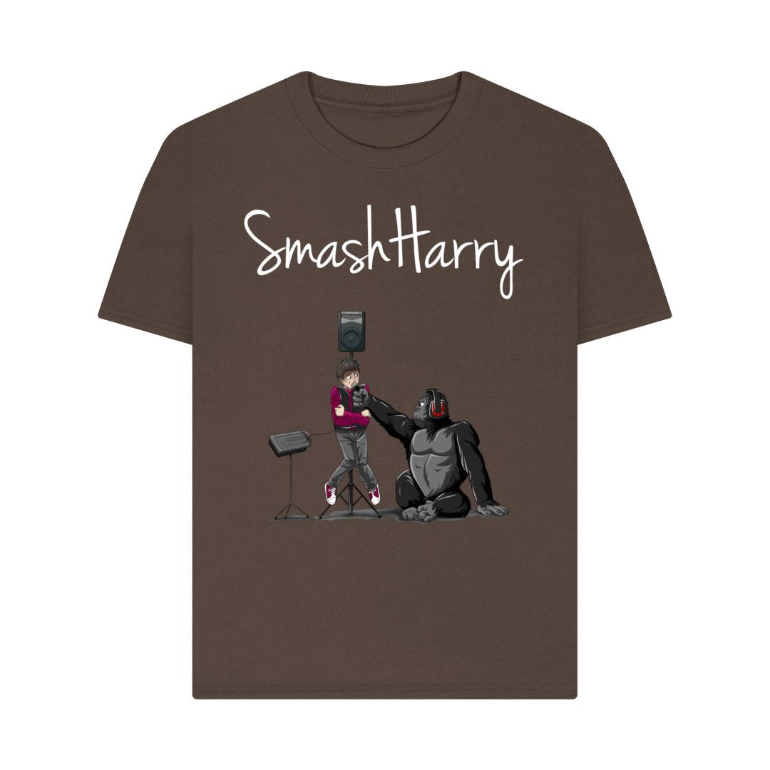 smashharry women's organic plain chocolate t-shirt with microphone image and white logo