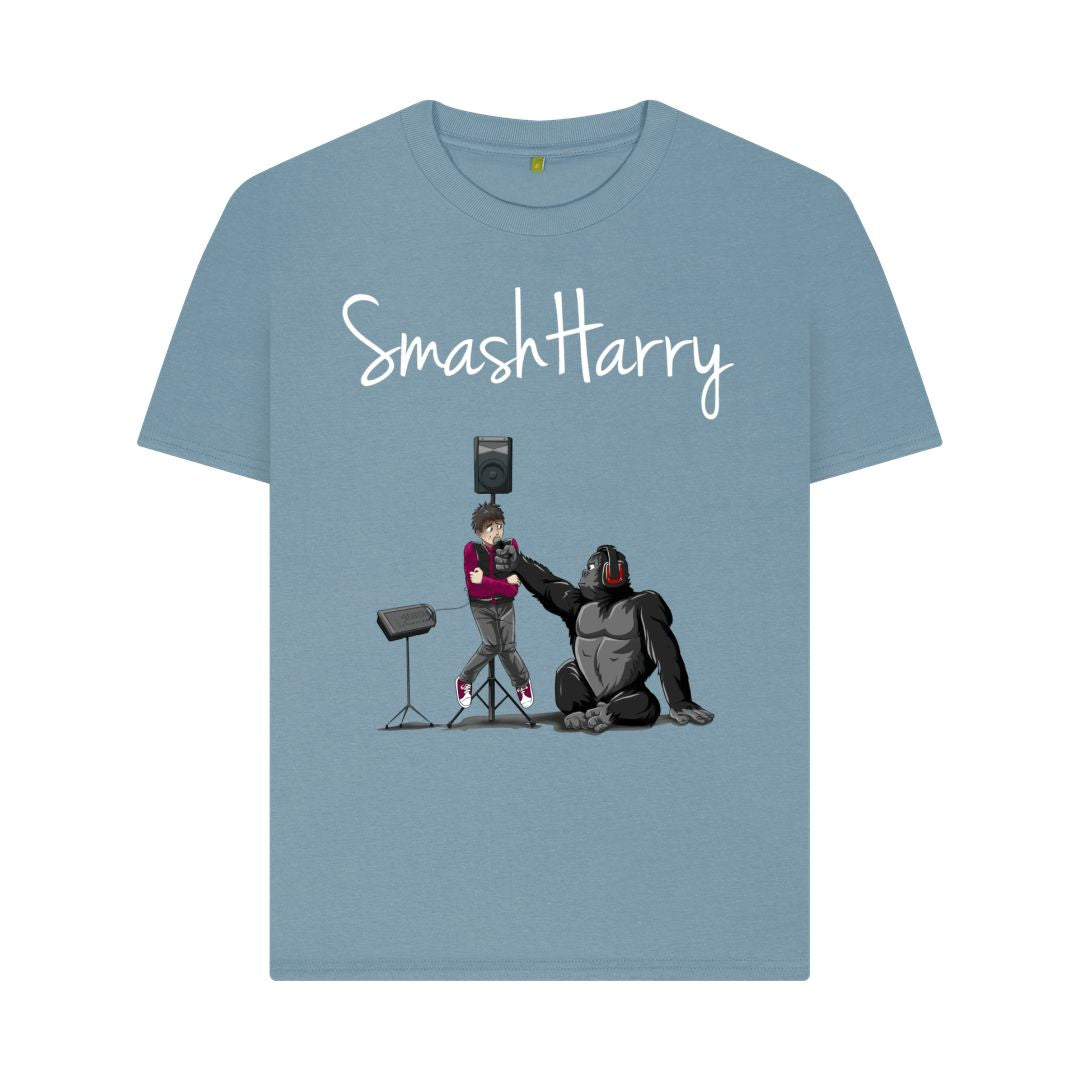 smashharry women's organic plain stone blue t-shirt with microphone image and white logo