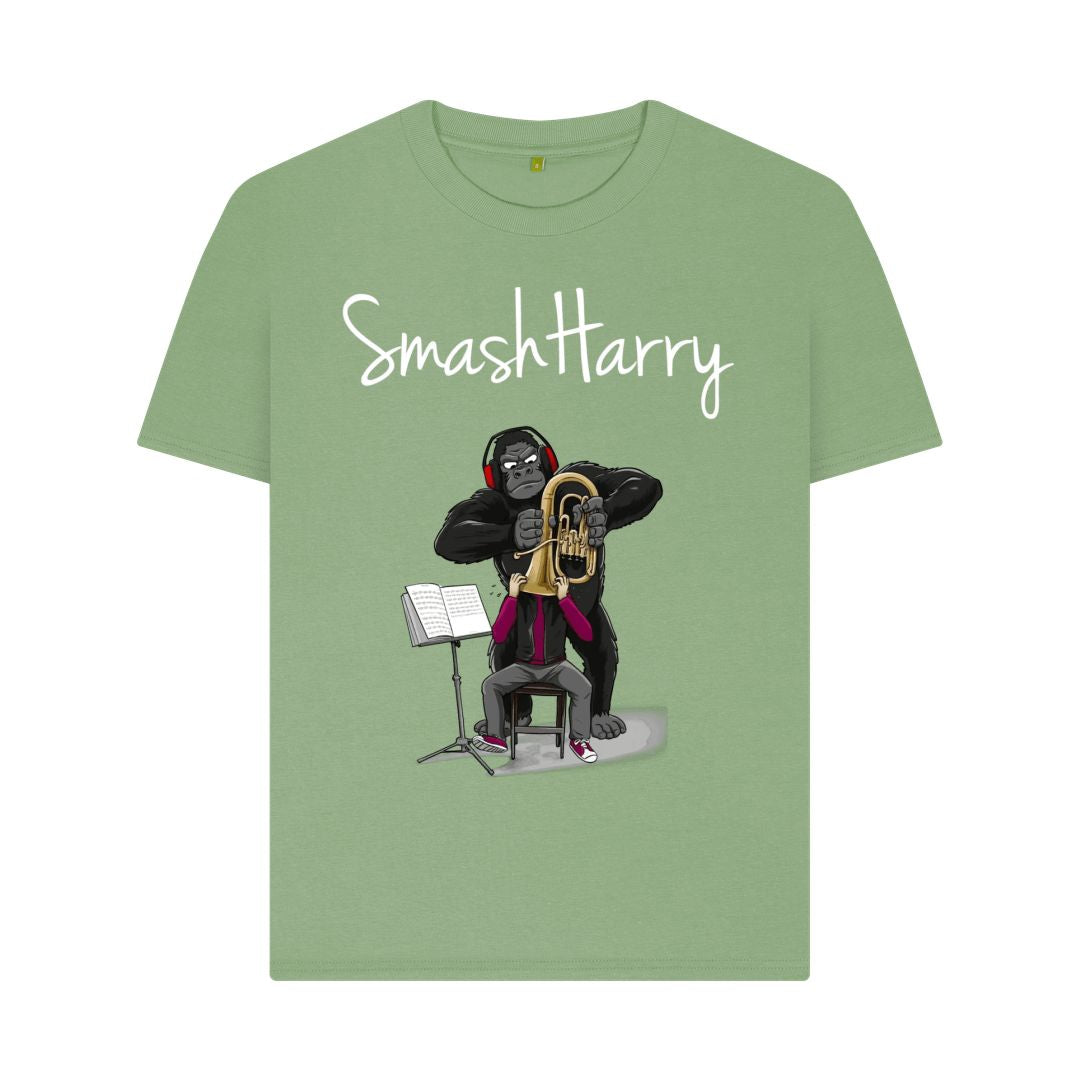 smashharry women's organic sage plain t-shirt with brass image and white logo