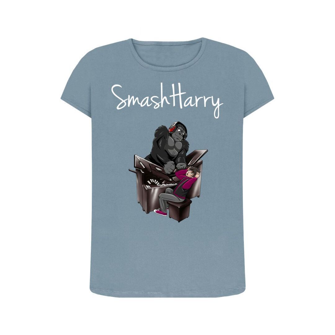 smashharry women's organic stone blue crew neck t-shirt with piano image and white logo